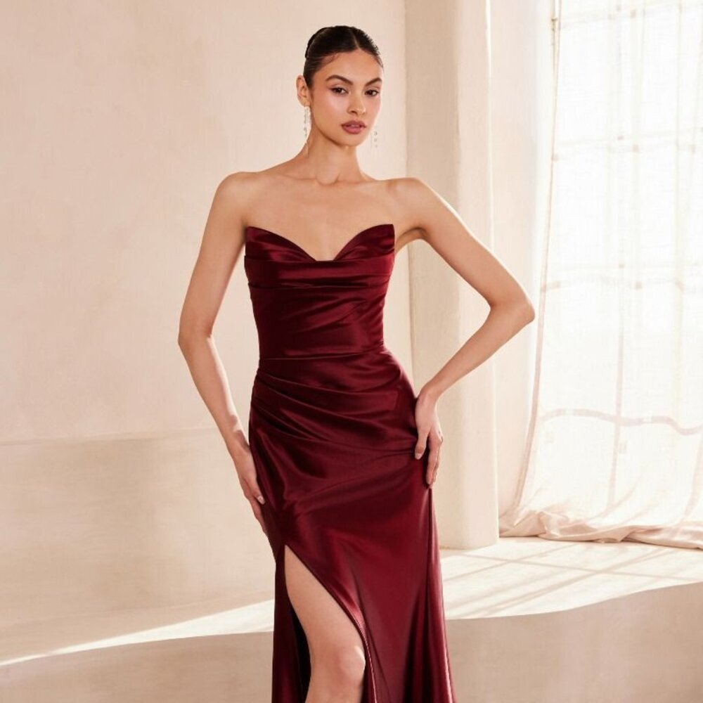 New Strapless Sheath Soft Satin Dress W/ V-Neck & Mid-Open Zipper Back Cd T704